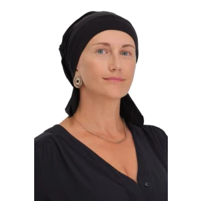 Image of Deresina Gathered Cap with Pelerine at The Back for Hair Loss, Chemo Cap, (Black)