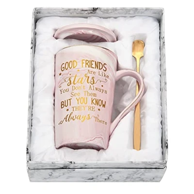 Image of Joymaking Friendship Gifts for Women Coffee Mug Set with Gift Box Good Friends are Like Stars, Friend Girls 14 Oz Pink Marble Tea Cup, Sister Her, Girls, Birthday
