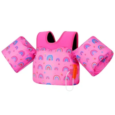 Image of MoKo Toddler Swim Vest for Kids, Arm Floaties 20 50 lbs, Water Wings with Emergency Whistle, Cute Band Pool Training Equipment Beach, Pool, Deep Pink Rainbow