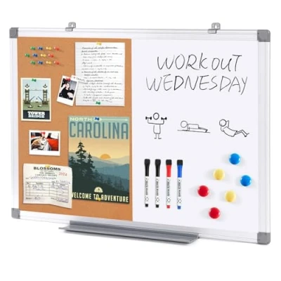 Image of Swansea Magnetic Whiteboard 2 in 1 Cork Pin Noticeboard with Dry Erase Marker + 6 Pushpins,60x45cm