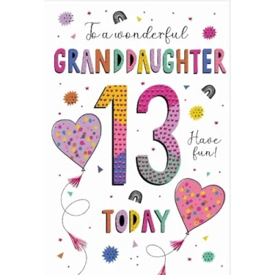 Image of Granddaughter 13th Birthday Card Age 13 Heart Balloons Design Special Finishes Made in the UK