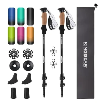 Image of KINGGEAR Walking Stick, Lightweight 7075 Aluminum Adjustable Hiking Poles, Trekking Poles with Flip Lock, Retractable, Natural Anti Sweat Cork and EVA Grips (Black)