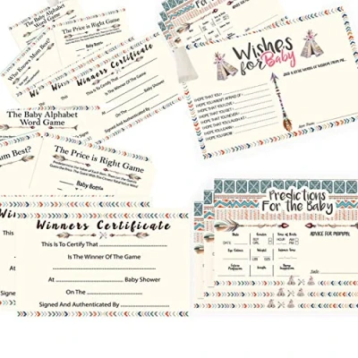 Image of baby shower games bundle Unisex 16 Guests Tribal Prediction cards &amp; Keepsake pouch 3 fun winner certificates boy girl neutral party