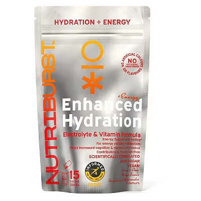 Image of Nutriburst Enhanced Hydration + Energy Electrolytes 11 Vitamins &amp; Minerals Natural Caffeine Performance Suitable for Vegans 15 Pack: Mango, Lemon Lime, Strawberry Watermelon