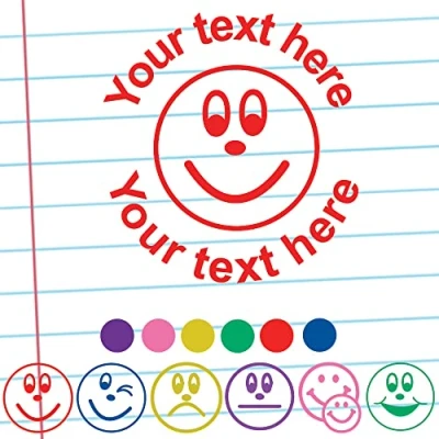 Image of Face/Expressions (Wink/Sad/Smile.) Teacher Stamper. Personalised/Custom Stamp. Self inking, Reinkable, 22mm. Choice Font, Colour, Image, Text