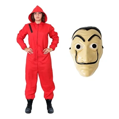 Image of Adults Bank Robber Halloween Costume Red Jump Suit with Attached Hood and Mask Fancy Dress (Large)