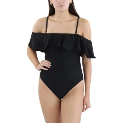 Image of BCBGMAXAZRIA Women&#039;s Standard One Piece Swimsuit Off The Shoulder Tummy Control Quick Dry Bathing Suit, Solid Black, Large