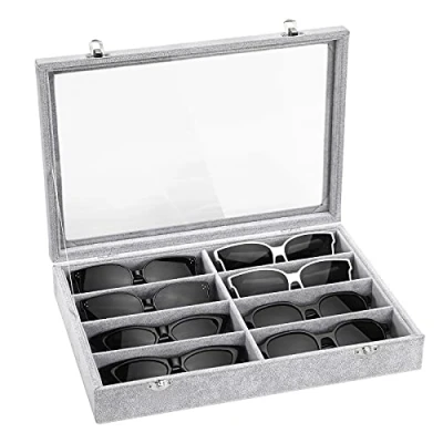 Image of Emibele Glasses Organizer Jewelry Tray, 8 Grids with Clear Lid Velvet Tray Watch Storage Stackable Showcase Display Detachable Inner Dividers Grey