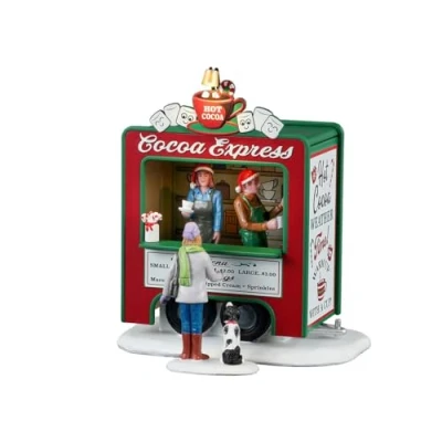 Image of Lemax Two Piece Set &quot;Cocoa Express&quot; Illuminated Resin Kiosk H12.8 x 11.7 7.7 cm