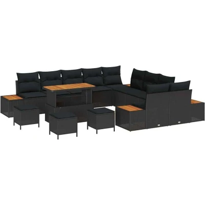 Image of vidaXL 14 Piece Garden Sofa Set with Cushions Black Poly Rattan Acacia