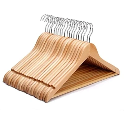 Image of Rainberg 20PK Strong Natural Wood Wooden Hangers, Coat Hangers With Trouser Bar and Shoulder Notches. (20)