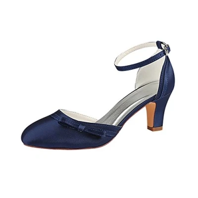 Image of Emily Bridal Wedding Shoes Ivory High Heel Round Ankle Strap Bow (EU40/UK7, Dark Blue)