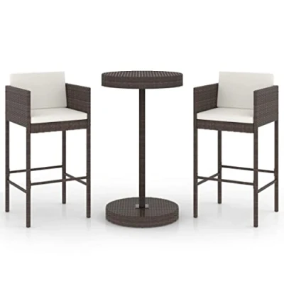 Image of vidaXL Garden Bar Set 3 Piece with Cushions Outdoor Patio Terrace Backyard Furniture Dining Table and Chair Seating Poly Rattan Brown