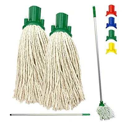 Image of Colour Coded Floor Mop Set 120cm Long Aluminium Handle and Pack of 2 String Heads Replacement for Domestic Commercial Cleaning (Green)