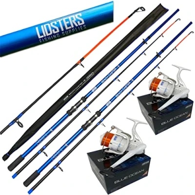 Image of 2 x LFS Beachcaster Sea Fishing Rod 12ft 2pc + Lidsters Blue Ocean 70 Reel With Orange Line