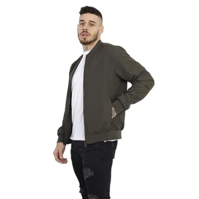 Image of BRAVE SOUL Sanjay Mens Bomber Jacket Smart Casual Zip Up Long Sleeve 100% Polyester for Men, Green Colour, Size L