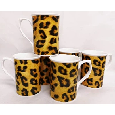 Image of Leopard Brown Mugs Set 6 Fine Bone China Animal Print Cups Hand Decorated UK