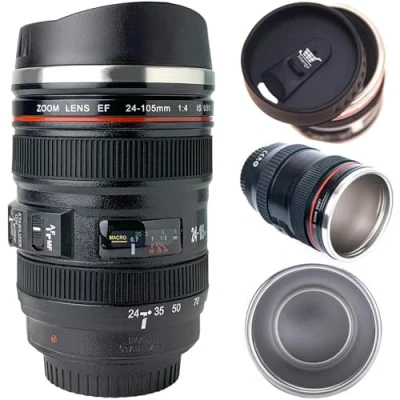 Image of Tmango Camera Lens Coffee Mug With Retractable Lid, Mug, Photographer Gifts, Cool Photography Gifts for Men and Women