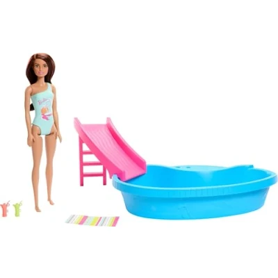 Image of Barbie Doll &amp; Pool Playset, Brunette in Seafoam Blue One Piece Swimsuit with Pool, Slide, Towel Drink Accessories