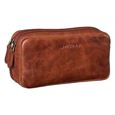 Image of STILORD &#039;Eddie&#039; Pencil Pouch Case Leather Pen Cases with 2 Zipped Compartments Vintage Bag Cosmetic Organizer Genuine Leather, Colour:Kara Cognac