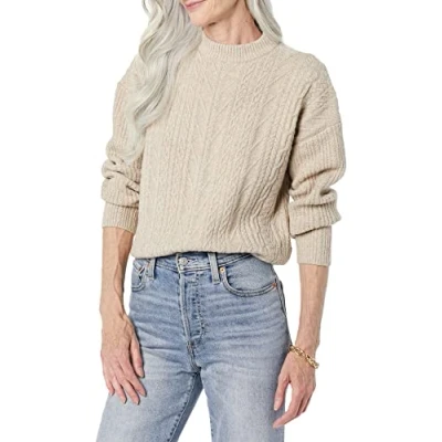 Image of Amazon Essentials Women&#039;s Soft Touch Modern Cable Crewneck Sweater (Available in Plus Size), Tan Heather, XL