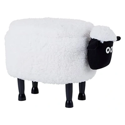 Image of Beliani Kids Animal Stool Faux Fur Pouffe with Storage Wooden Legs Playroom White Sheep