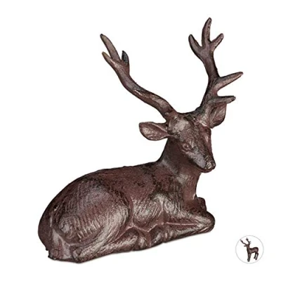 Image of Relaxdays Set of 2 Deer Ornaments, Rustic Decor Stag, Weatherproof, Garden, Balcony, Cast Iron, Statue, Brown