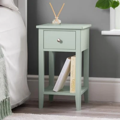 Image of CHRISTOW Slim Sage Green Bedside Table With Drawer &amp; Shelf, Modern Narrow Bedroom Nightstand, Wooden MDF Side End Stand for Living Room Hallway Sofa, Brushed Chrome Handle (H57cm x W32cm D32cm)