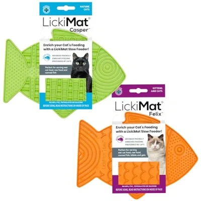 Image of LickiMat Casper &amp; Felix, Fish Shaped Cat Slow Feeders Lick Mat, Boredom Anxiety Reducer; Perfect for Food, Treats and Reduction. (Green Orange, Felix)