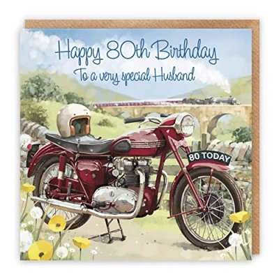 Image of Hunts England 80th Husband Birthday Card To A Very Special Classic Motorcycle Stunning Artistic Wording Inside Milo&#039;s