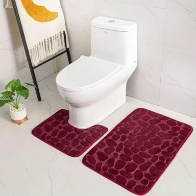 Image of 2 Piece Non Slip Pedestal Bath Mat Set, ele ELEOPTION Breathable Memory Foam Mats Soft Comfortable Water Absorbent Toilet Bathroom Rug Backing (Wine Red)
