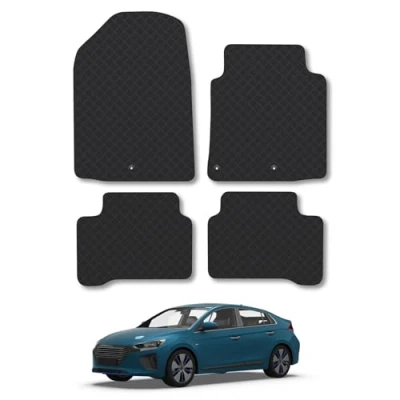 Image of Rubber Car Mats Compatible with Hyundai Ioniq (2016 2020) Tailored Fit Floor Set Accessory Black Custom 4 Pieces Clips Anti Slip Backing, Heavy Duty &amp; Waterproof