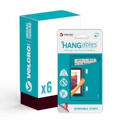 Image of Velcro Brand HANGables Picture Hanging Strips 6 Packs of 4 Sets 76mm by 44mm Damage Free for Pictures, Mirrors, Wall Décor Hold 7.5kg Hang up to Pictures