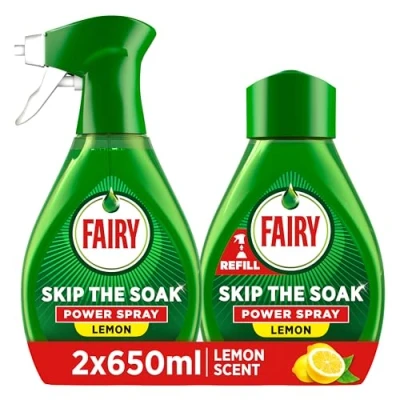Image of Fairy Skip the Soak Dish Power Spray + Refill Lemon 1300ml, Pre Treatment For Dishes &amp; Kitchen, Effective On 100% Kitchen Grease, Anti Grease Remover, Degreaser Spray, Fast Effortless Clean