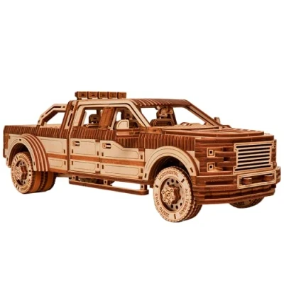 Image of Wood Trick Pickup Truck Car Wooden 3D Puzzles for Adults and Kids to Build Rides up 32 feet Engineering DIY Mechanical Models