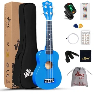 Image of Winzz Soprano Ukulele Starter Kit For Beginners with Bag, Clip On Tuner, Extra Strings, Strap, Plectrum, Fret Stickers, Chords Card, Polishing Cloth, Dark Blue