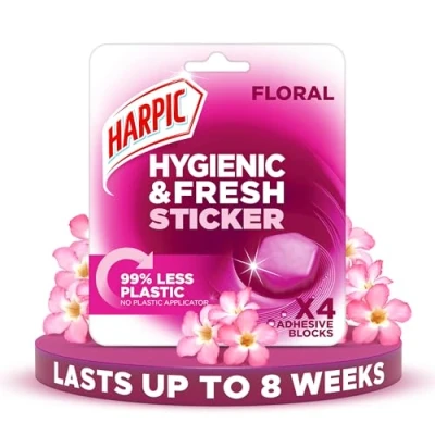 Image of Harpic Hygienic Fresh Sticker Adhesive Toilet Block, Floral, Pack 1 x 4 Stickers, Freshener, No Plastic Applicator, Up to 8 weeks of Freshness