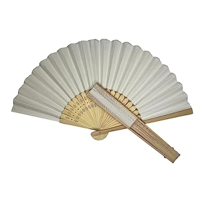 Image of Parev Rice White Paper Foldable Hand Held Bamboo Wooden Fan