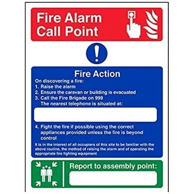 Image of V Safety Caravan Site Fire Action/Your Assembly Point Is: Sign 150mm x 200mm Self Adhesive Vinyl