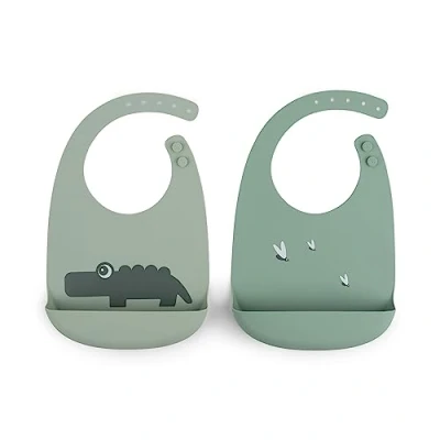 Image of Done by Deer Croco Green Silicone Bib 2 Pack Waterproof, Adjustable, Easy to Clean Baby Must Haves with Food Grade