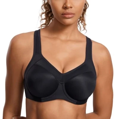 Image of SYROKAN Women&#039;s High Impact Sports Bra Underwire Full Support Racerback Padded Running Black 2 36F