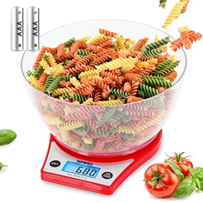 Image of Duronic KS6000 RD Kitchen Scales 5 kg Capacity Precision to 1 g 2 Litre Bowl Included Large Backlit Display TARE Weight Adding Function Ideal for Baking Red
