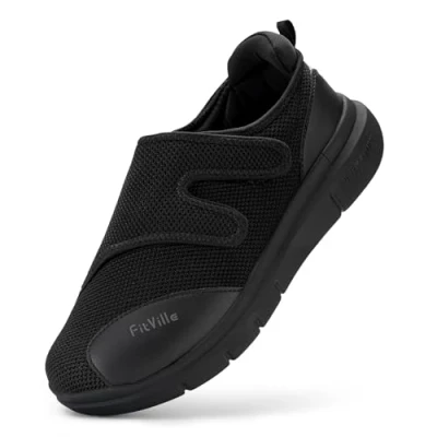 Image of FitVille Extra Wide Fit Diabetic Shoes for Men Easy Close Orthopedic Slippers Adjustable Slip On Walking Sneakers Swollen Feet Plantar Fasciitis, Black, 13 UK X
