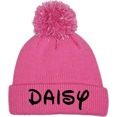 Image of Personalised Character Pink Fluffy Pom Bobble Hat (Black Embroidery)