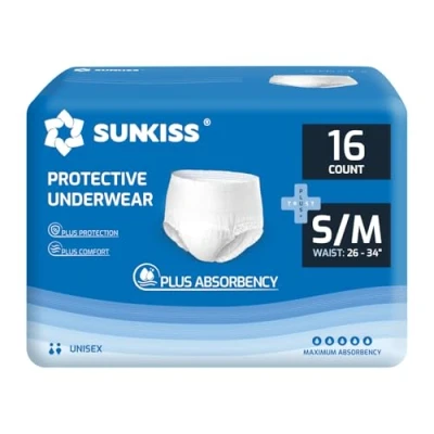 Image of SUNKISS TrustPlus Incontinence Underwear for Men and Women, Disposable Protective with Maximum Absorbency, Odor Control, Small/Medium, 64 Count (4 Packs of 16)
