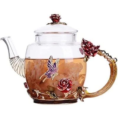 Image of YBK Tech Enamel Glass Teapot in Gift Box, Small for Kung Fu Tea (Red Rose)