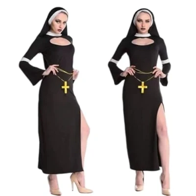 Image of Runstarshow Halloween Nun Costume Women Sexy Outfit Ladies Religious Costumes Gothic Fancy Dress Accessories 3 Piece Side Slit + Headdress Cross