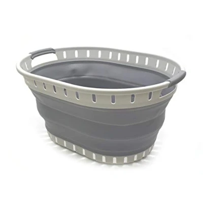 Image of SAMMART 25L Collapsible Plastic Laundry Basket Foldable Pop Up Storage Container/Organizer Portable Shopping Space Saving Hamper (Dark Grey)