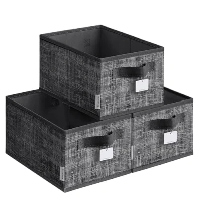 Image of SONGMICES Collapsible Storage Boxes, Set of 3 Fabric Baskets, 30 x 20 15 cm, Wardrobe Organisers, 2 Handles, Label Holders, for Bedroom, Living Room, Ink Black ROB415B01