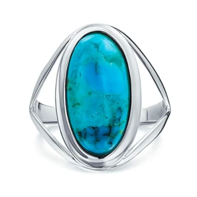 Image of Simple Southwest Boho Style Large Dome Oval Cabochon Gemstone Bezel Set Blue Turquoise Western Statement Ring For Women Split Band .925 Sterling Silver